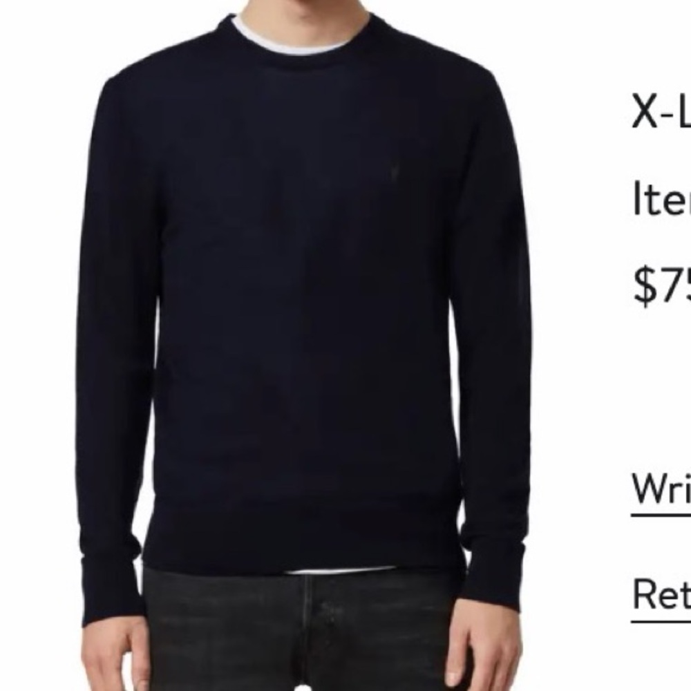 AllSaints Dark Blue Crewneck Mode Slim Fit Sweater Merino Wool XL Navy Men’s
